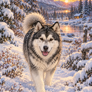 Alaskan malamute grey white snow winter greeting card design