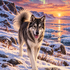 Candadian eskimo dog grey white snow winter greeting card design