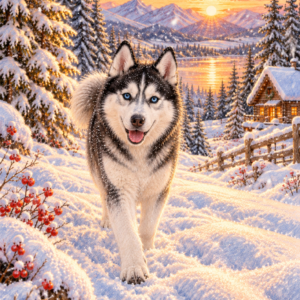 Siberian husky black white snow winter greeting card design