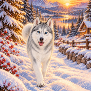 Siberian husky grey white snow winter greeting card design