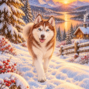 Siberian husky red white snow winter greeting card design