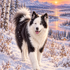 Yakutian laika black white snow winter greeting card design